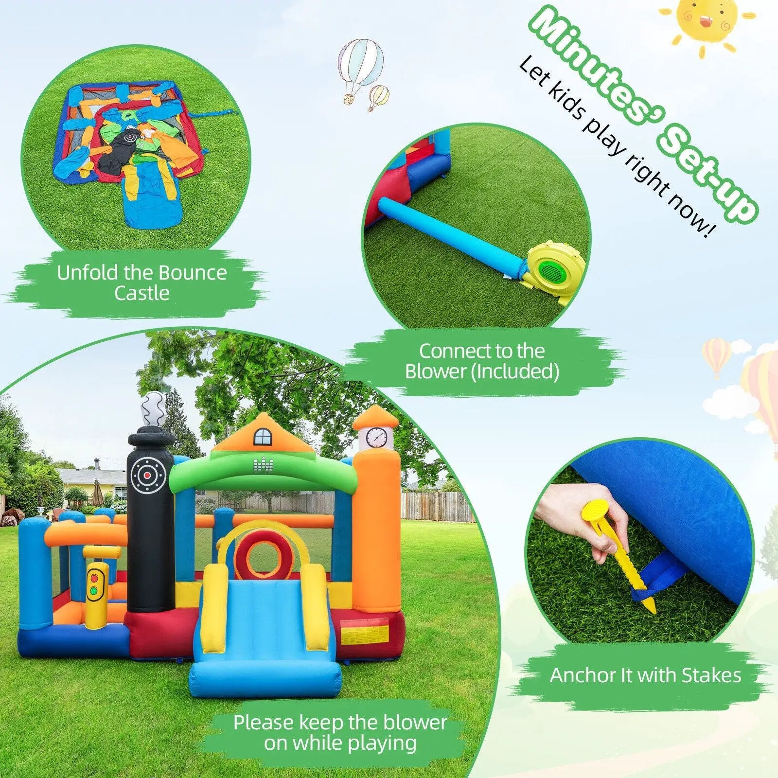 Train Themed Kids Bouncer with Slide and Basketball Hoop with 950W Air Blower by DirectDeals