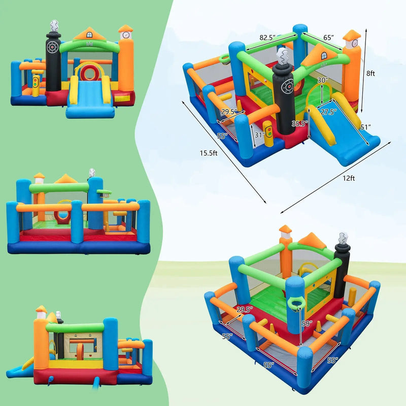 Train Themed Kids Bouncer with Slide and Basketball Hoop with 950W Air Blower by DirectDeals