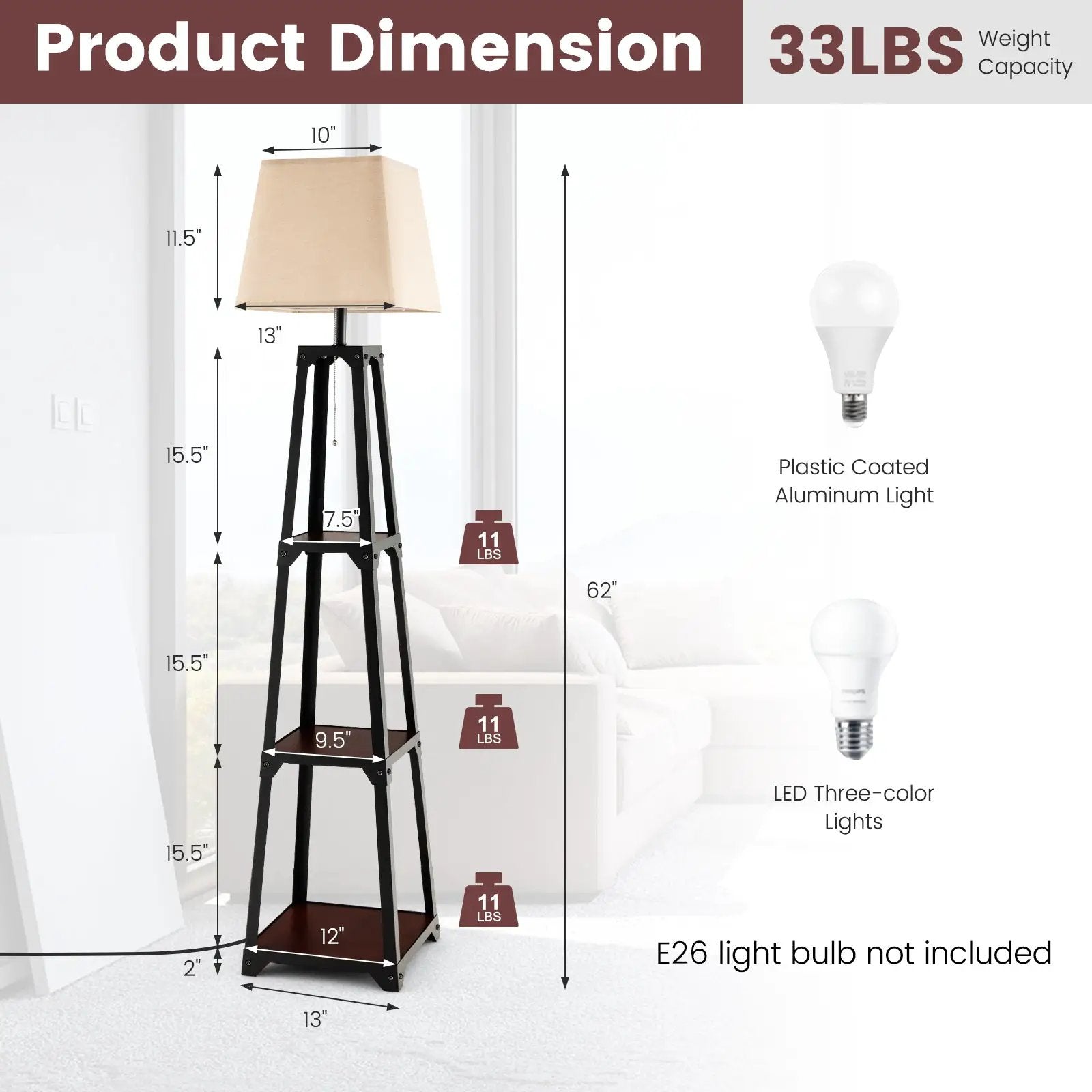 Trapezoidal Designed Floor Lamp with 3 Tiered Storage Shelf-Brown by DirectDeals