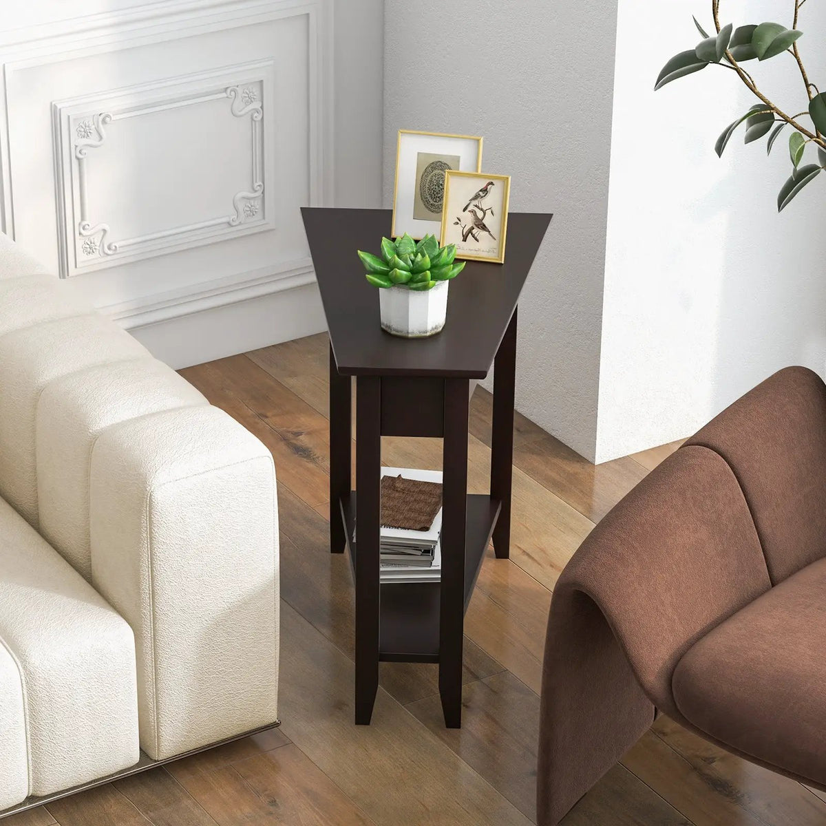 2-Tier Wedge Narrow End Table with Storage Shelf and Solid Wood Legs, photo 2 of 10
