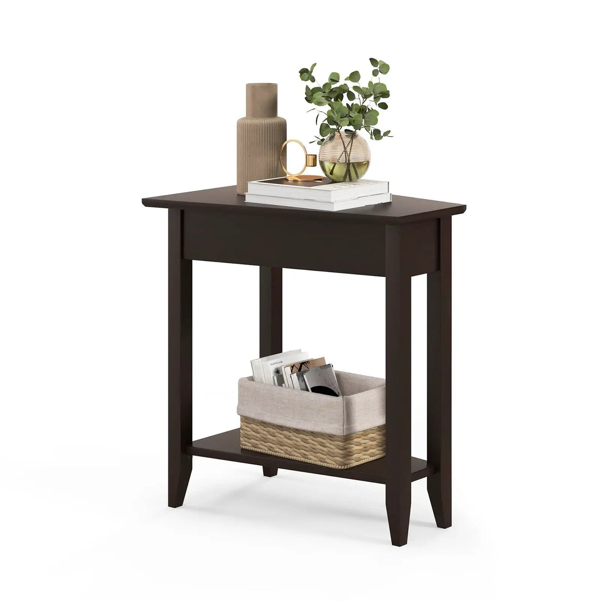 2-Tier Wedge Narrow End Table with Storage Shelf and Solid Wood Legs, photo 3 of 10