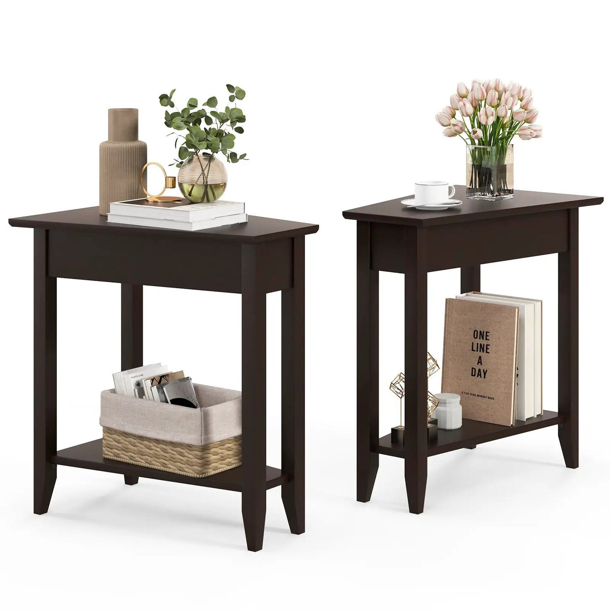 2-Tier Wedge Narrow End Table with Storage Shelf and Solid Wood Legs, photo 4 of 10