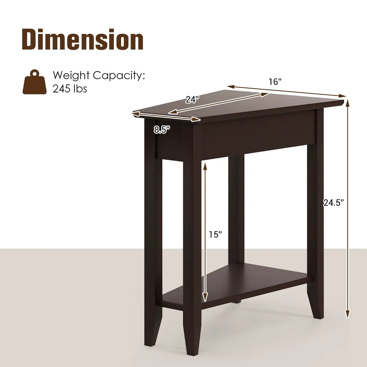 2-Tier Wedge Narrow End Table with Storage Shelf and Solid Wood Legs, photo 5 of 10