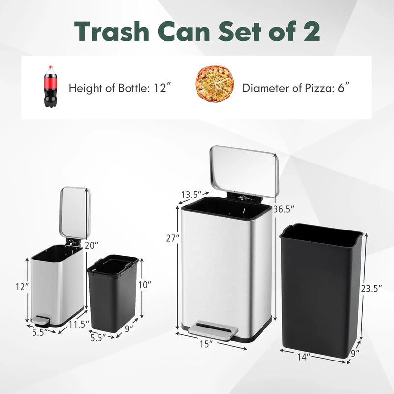 10.5 Gal and 1.6 Gal Step Trash Can Combo Set with Detachable Inner Buckets-Silver by DirectDeals