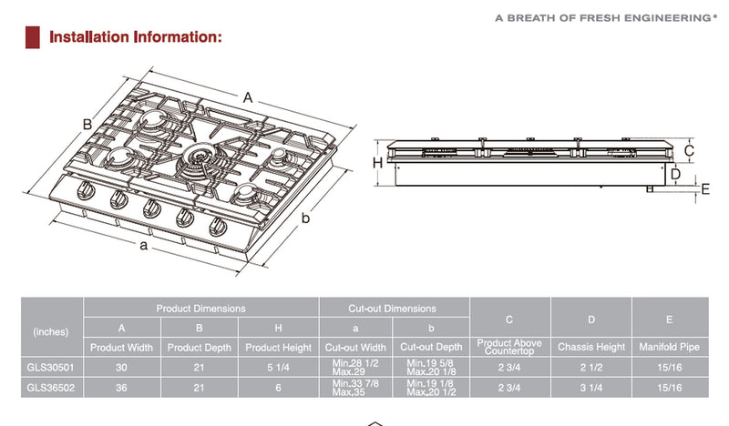 30" Stainless Steel Tri-Ring Gas Cooktop Series | GLS30501, dimensions drawing