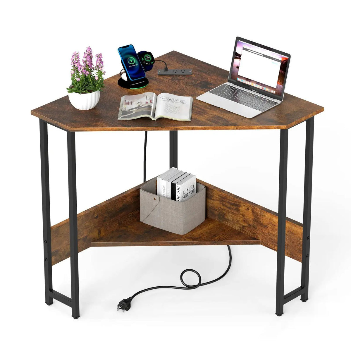 Triangle Corner Desk with Charging Station - Rustic Brown, photo 4 of 8
