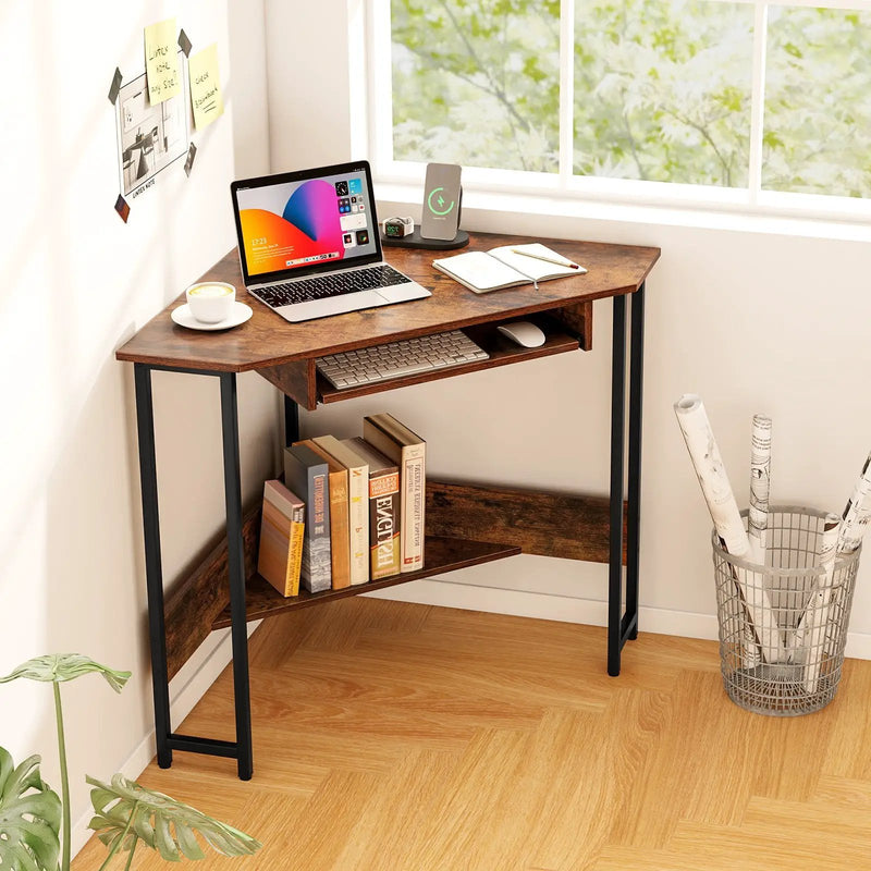 Triangle Corner Desk with Charging Station Keyboard Tray and Storage Shelf-Rustic Brown by DirectDeals