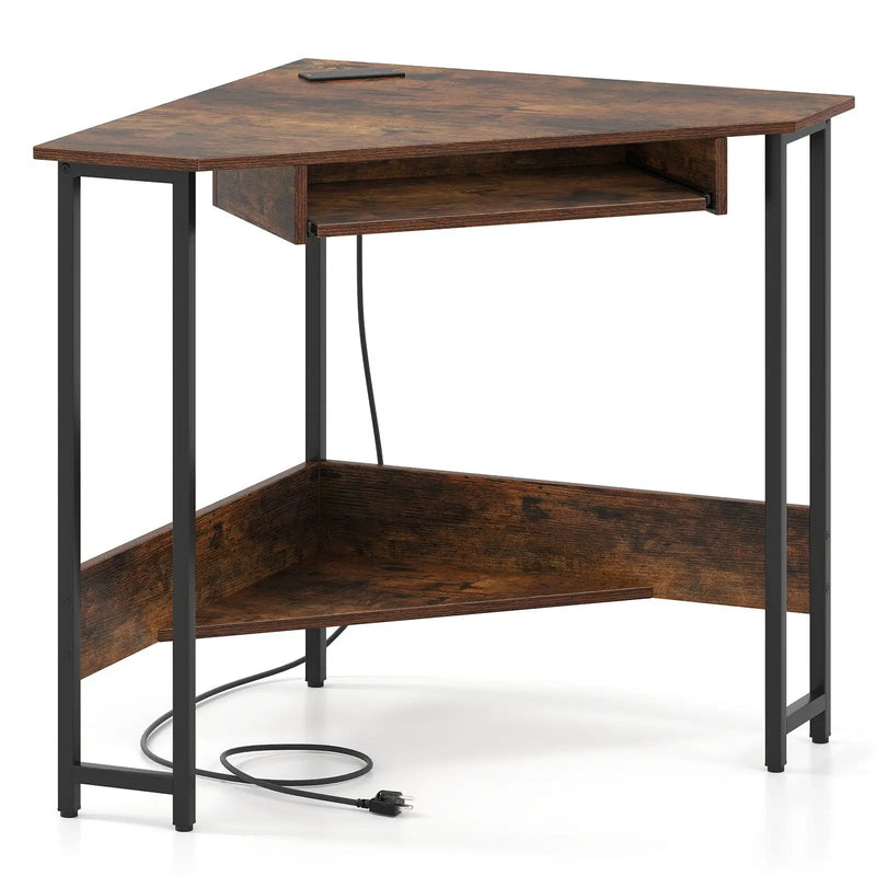 Triangle Corner Desk with Charging Station Keyboard Tray and Storage Shelf-Rustic Brown by DirectDeals