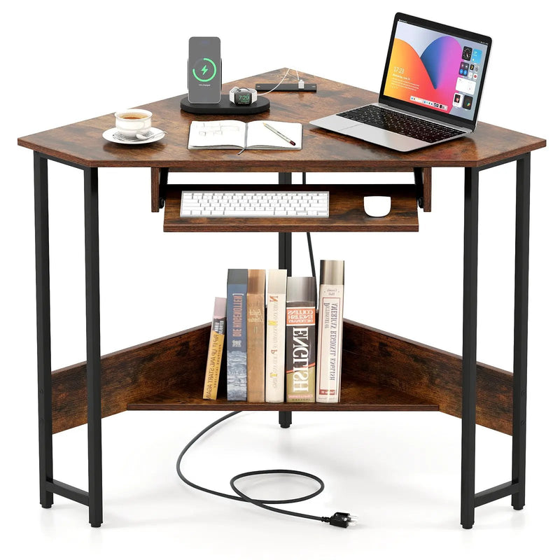 Triangle Corner Desk with Charging Station Keyboard Tray and Storage Shelf-Rustic Brown by DirectDeals