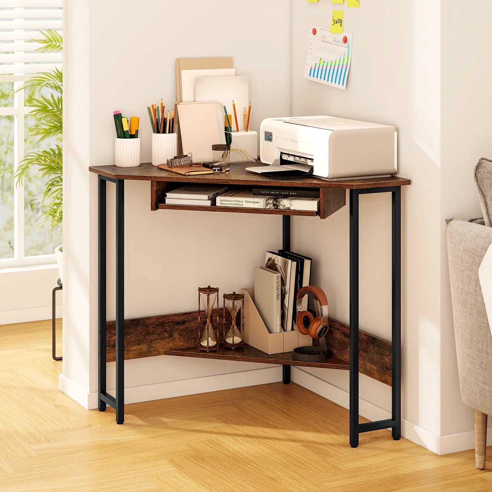 Triangle Corner Desk with Charging Station Keyboard Tray and Storage Shelf-Rustic Brown by DirectDeals
