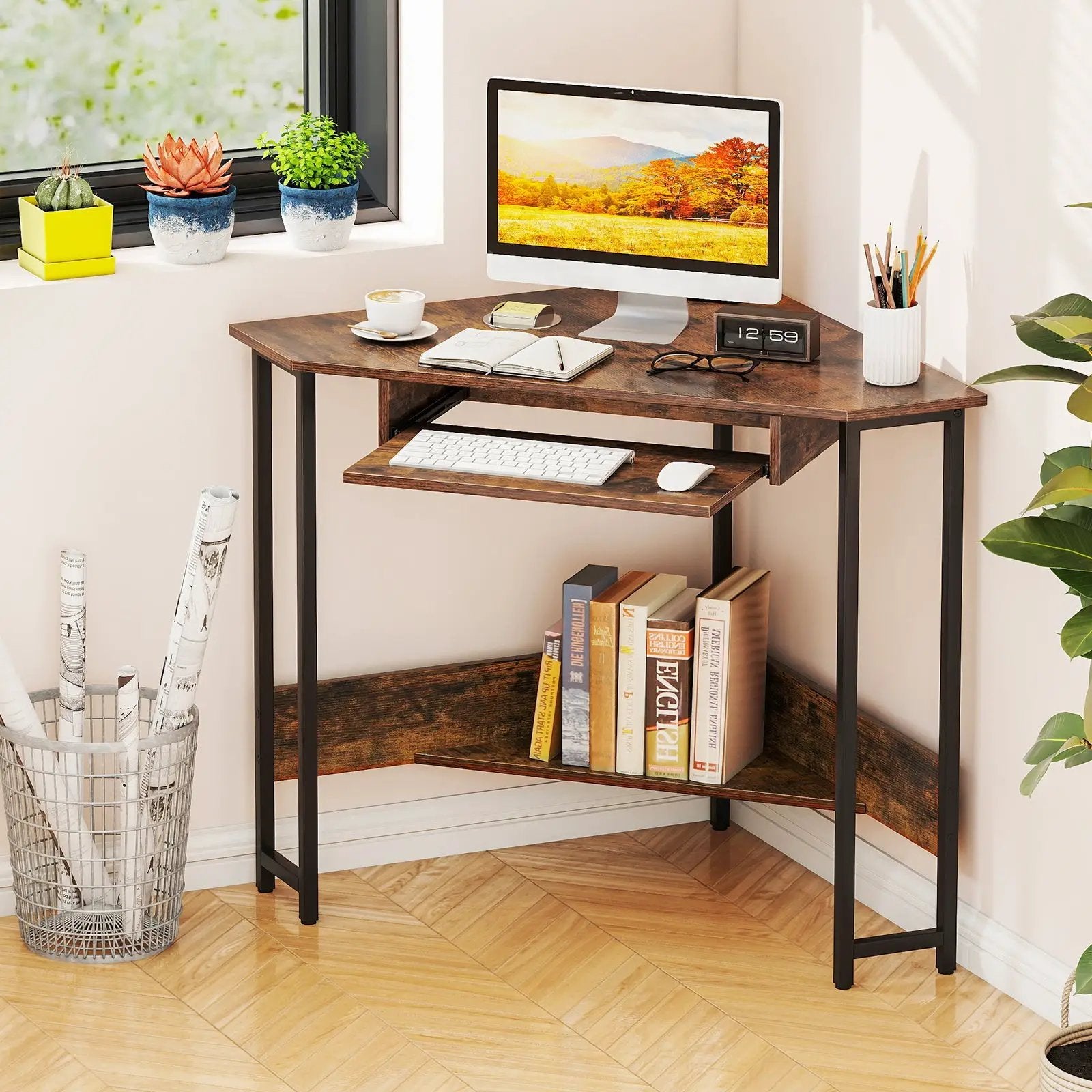 Triangle Corner Desk with Charging Station Keyboard Tray and Storage Shelf-Rustic Brown by DirectDeals