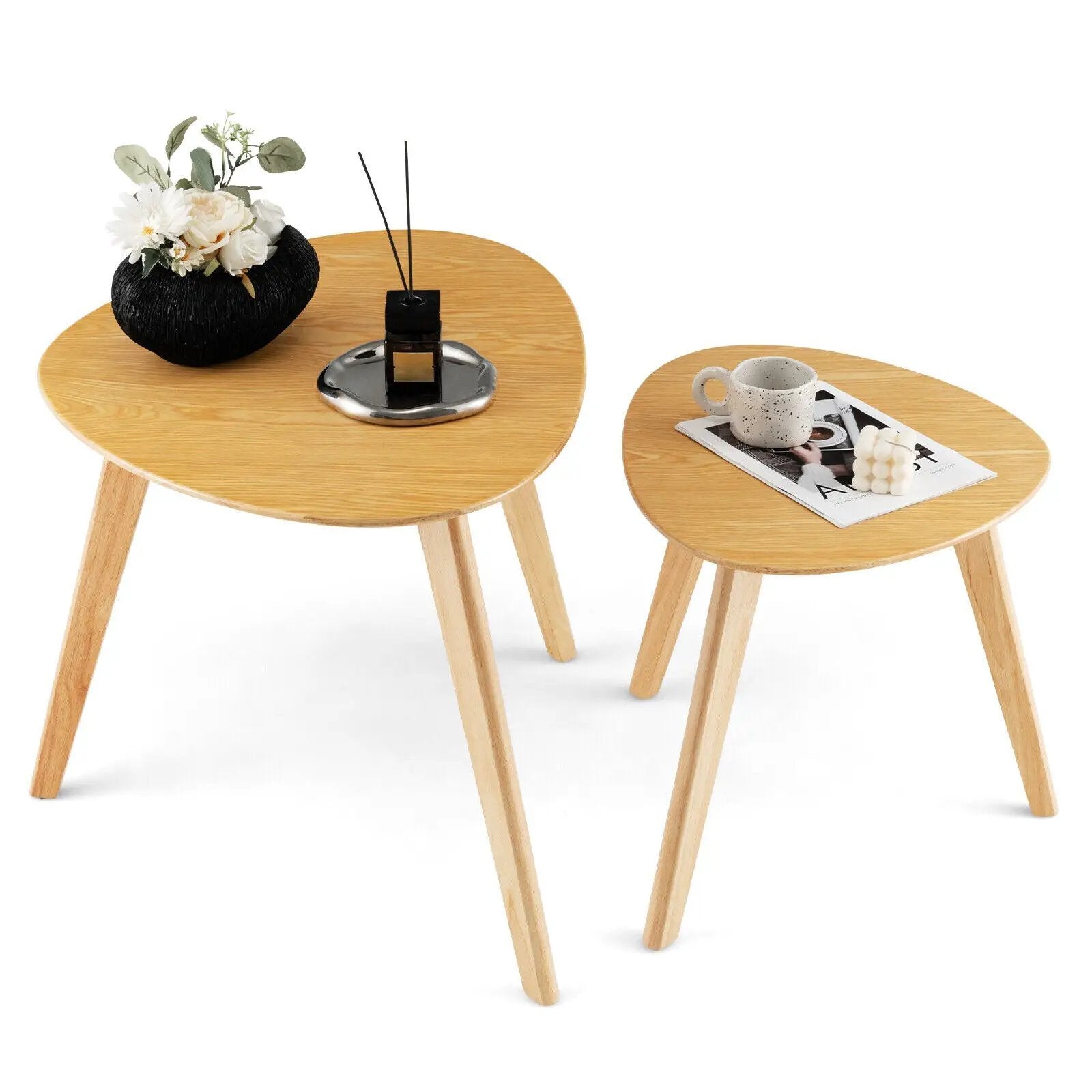 Set of 2 Triangle Modern Coffee Table Rubber Wood for Living Room-Natural by DirectDeals