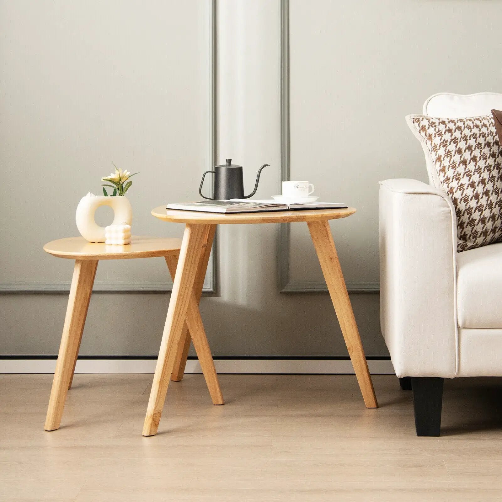 Set of 2 Triangle Modern Coffee Table Rubber Wood for Living Room-Natural by DirectDeals