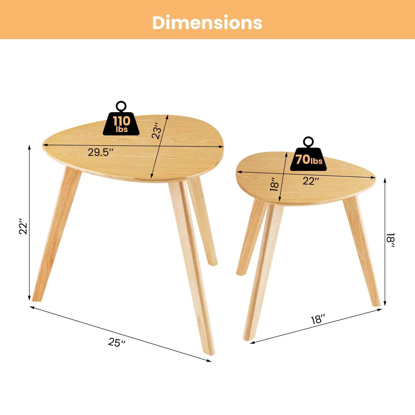 Set of 2 Triangle Modern Coffee Table Rubber Wood for Living Room-Natural by DirectDeals