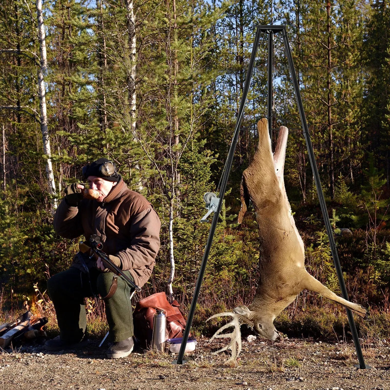 Tripod Game Hoist Deer Hanger 600 LBS Capacity Deer Skinning Rack-Black by DirectDeals