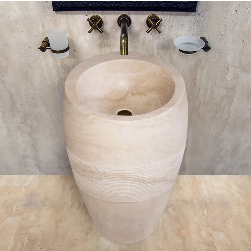 Light Travertine Curved Pedestal Hand Carved Stone Sink Honed Finish 16 x 33.5 Inch by GobekDesign