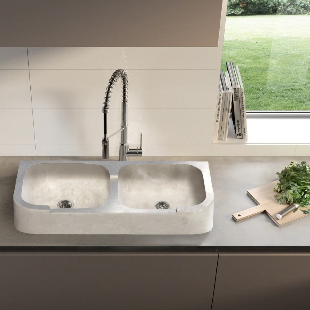 Light Travertine Farmhouse Double Bowl Kitchen Sink 18x36 7H by GobekDesign