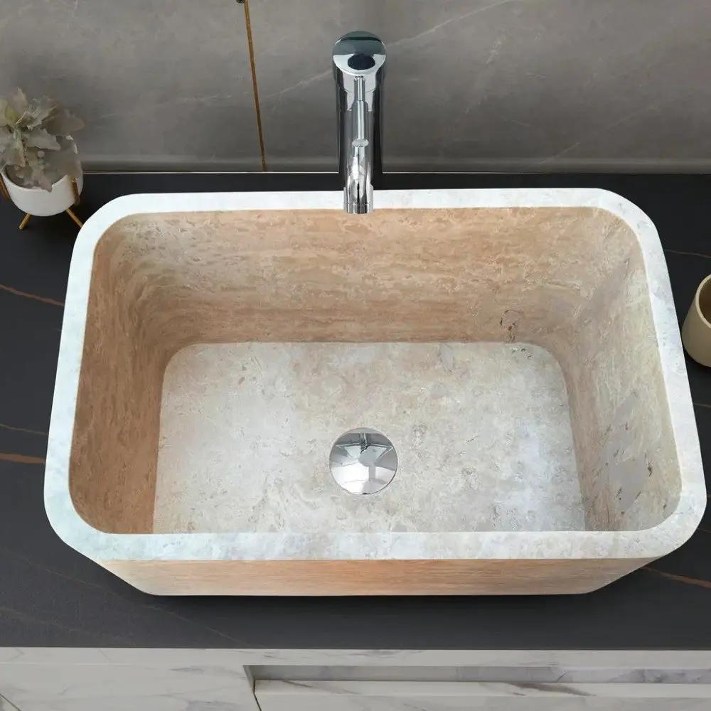 Travertine Light Rectangular Apron Farm Sink Hand Honed and Filled 18x30x10 by GobekDesign