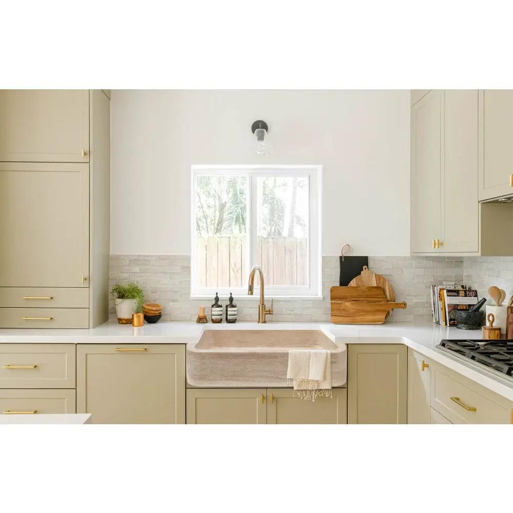 Light Travertine Farmhouse Apron Sink 18x27.5x7 - Honed and Filled Turkish Stone by GobekDesign