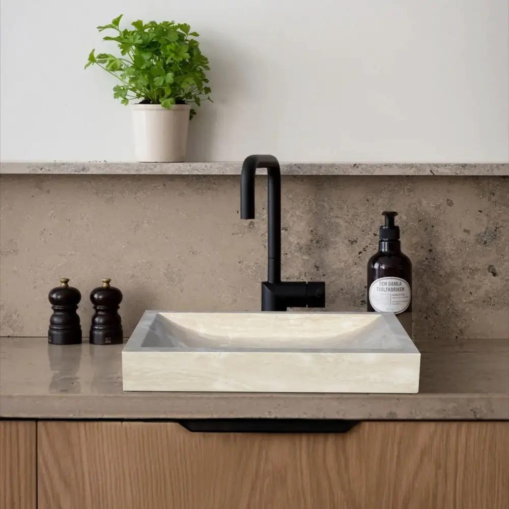 Turkish Light Travertine Rectangular Vessel Sink - Honed and Filled 16x27.5 Inches by GobekDesign
