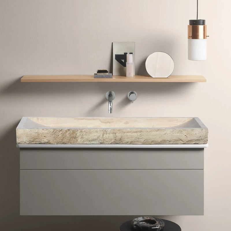 Troia Light Travertine Rectangular Vessel Sink Honed and Hand-Split (W)16" (L)48" (H)4" by GobekDesign
