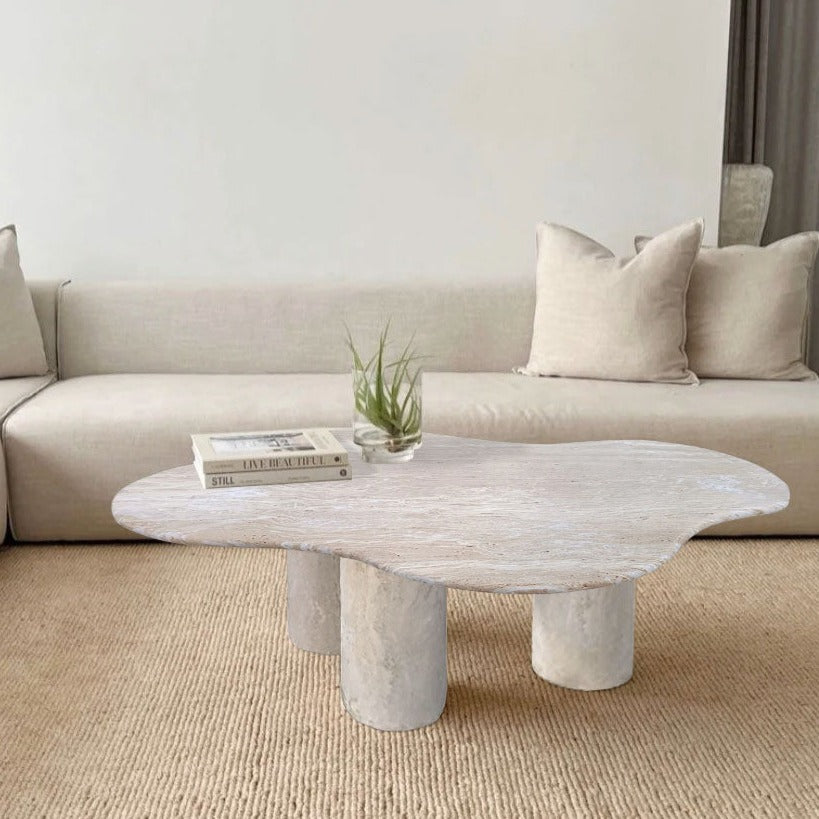 Troia Light Travertine Special Designer Coffee Table Round Shape Legs (W)35" (L)50" (H)18" by GobekDesign
