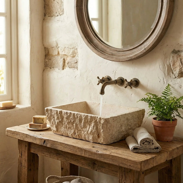 Light Turkish Travertine Natural Stone Rustic Vessel Sink Honed Hand Chiseled 12x17