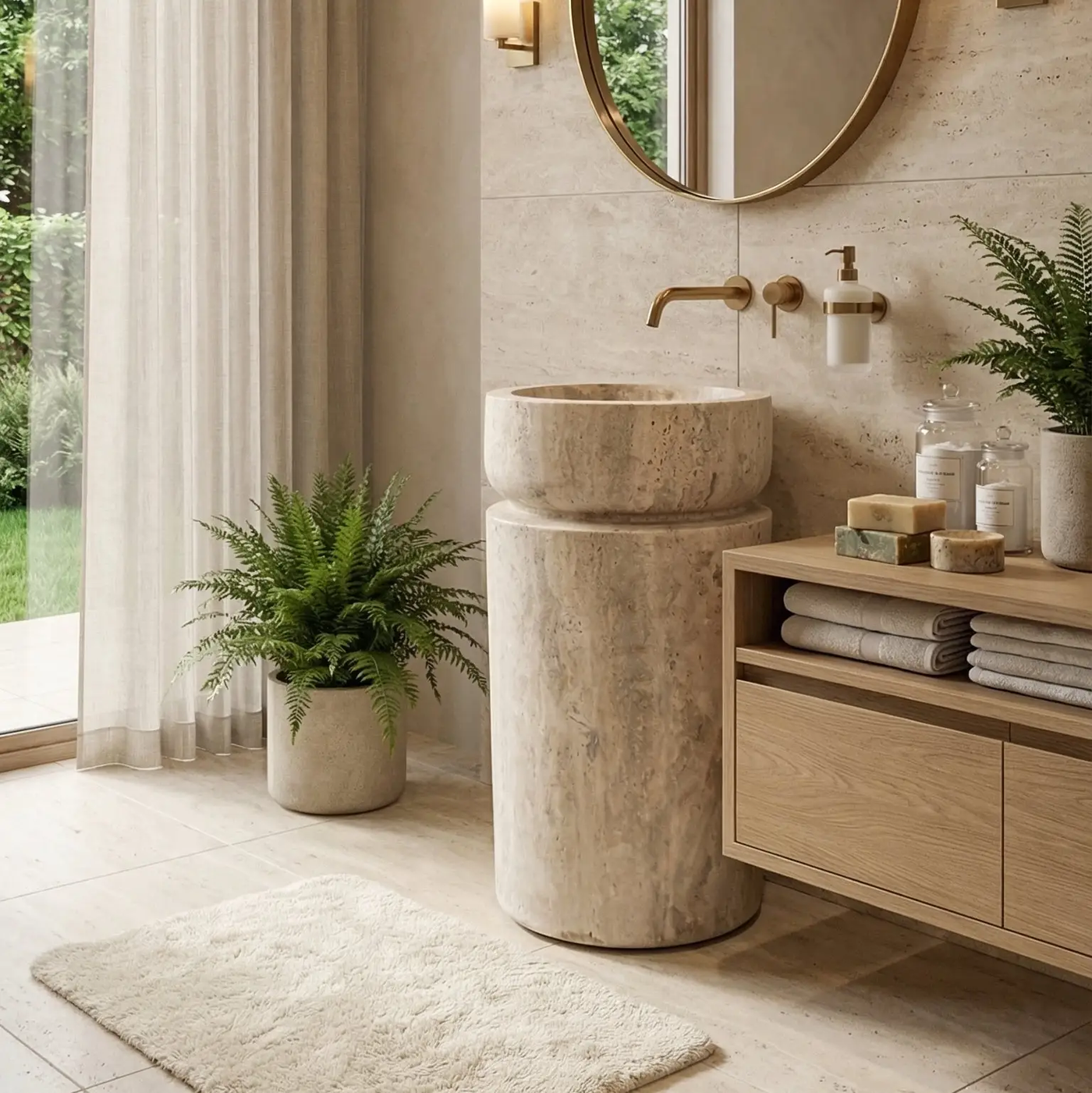 Light Travertine Pedestal Sink Hand Carved Designer 18x18x33 by GobekDesign