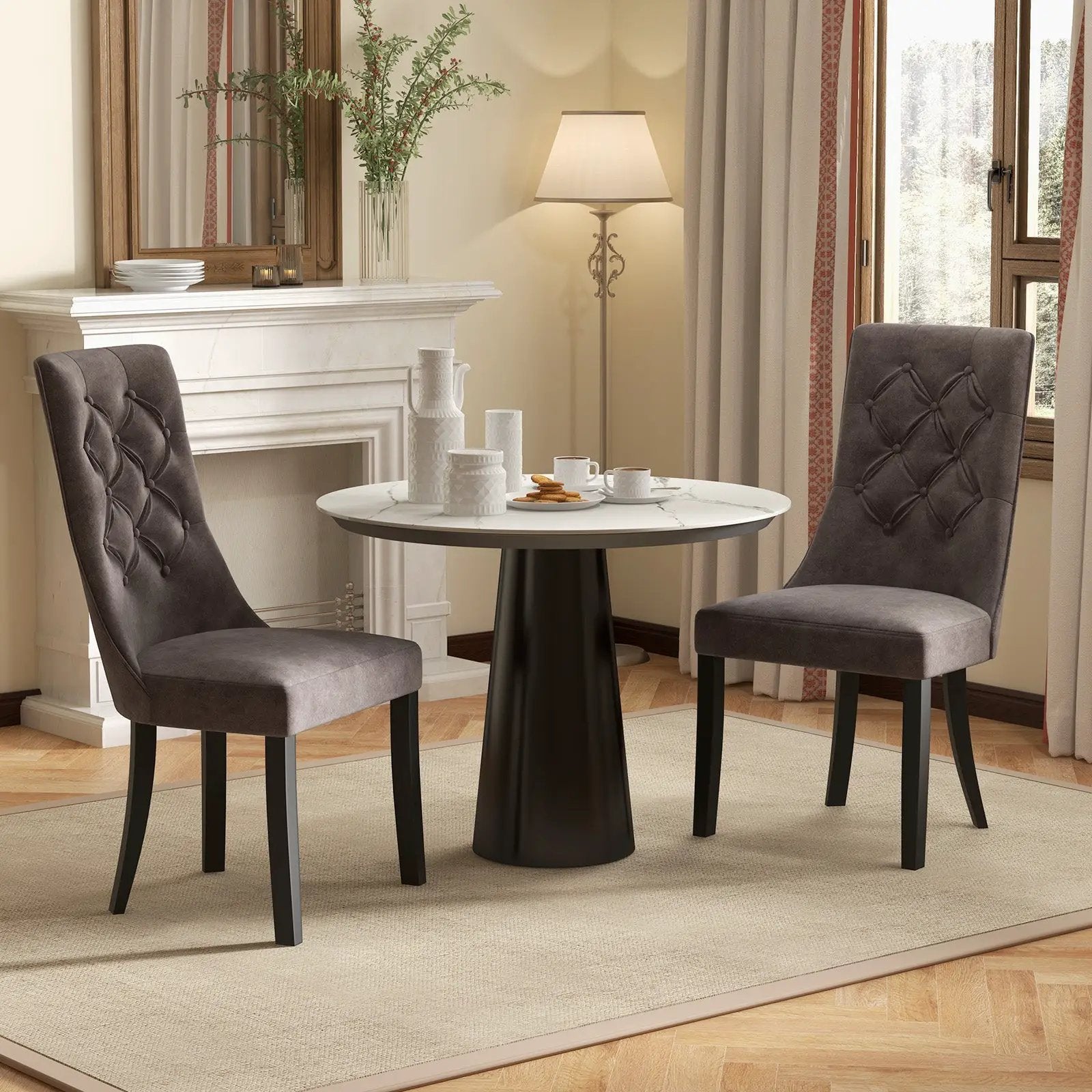 Tufted Dining Chairs Set of 2 with High Backrest and Padded Seat-Gray by DirectDeals