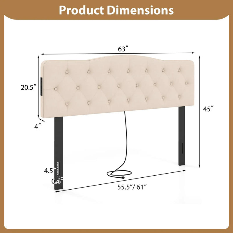 Tufted Upholstered Head Board for Queen and Full Size Bed with 2 AC Outlets by DirectDeals