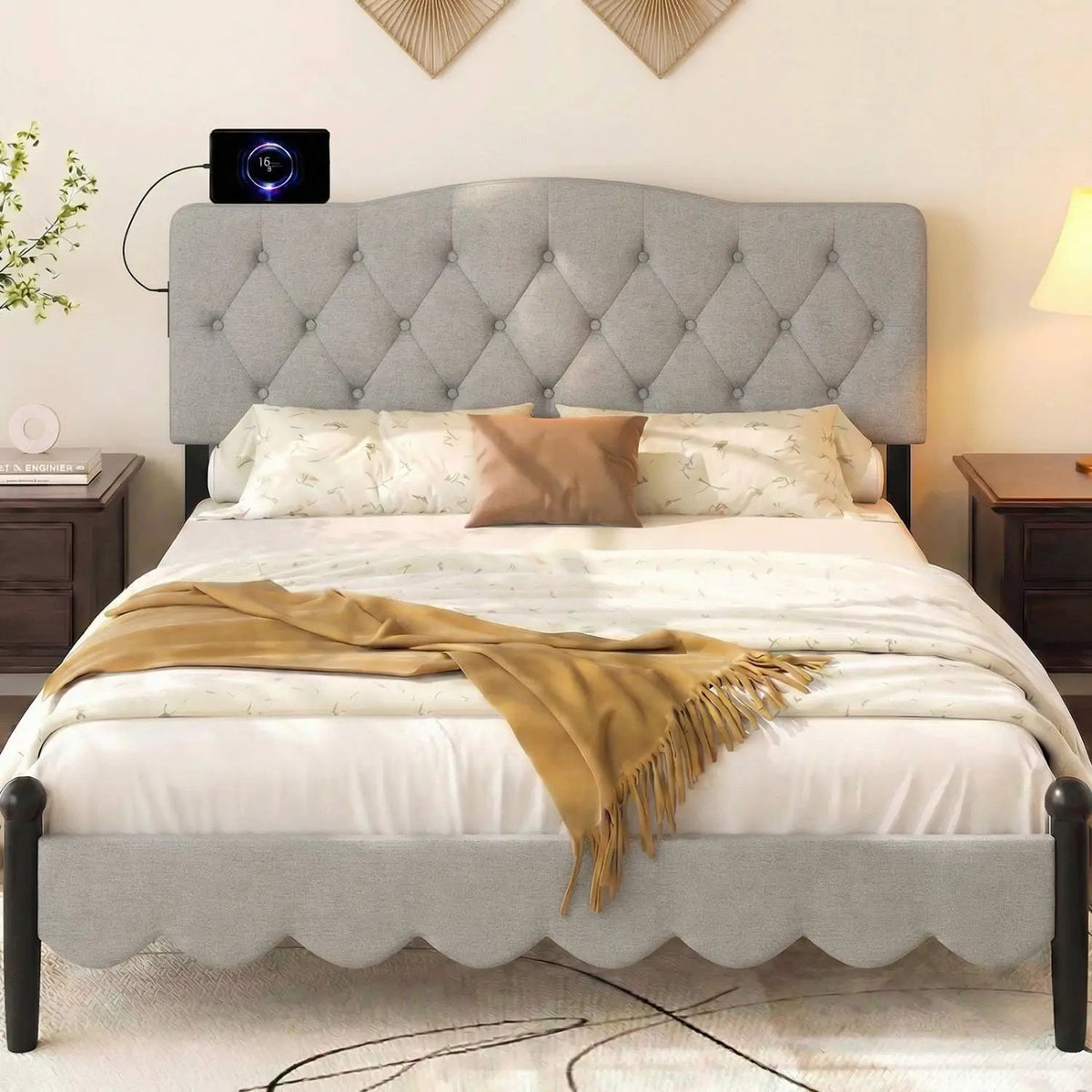 Tufted Upholstered Head Board for Queen and Full Size Bed with 2 AC Outlets, photo 15 of 16