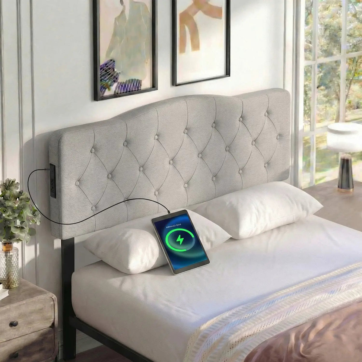 Tufted Upholstered Head Board for Queen and Full Size Bed with 2 AC Outlets, photo 5 of 16