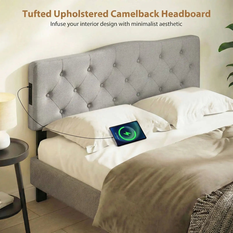 Tufted Upholstered Head Board for Queen and Full Size Bed with 2 AC Outlets by DirectDeals
