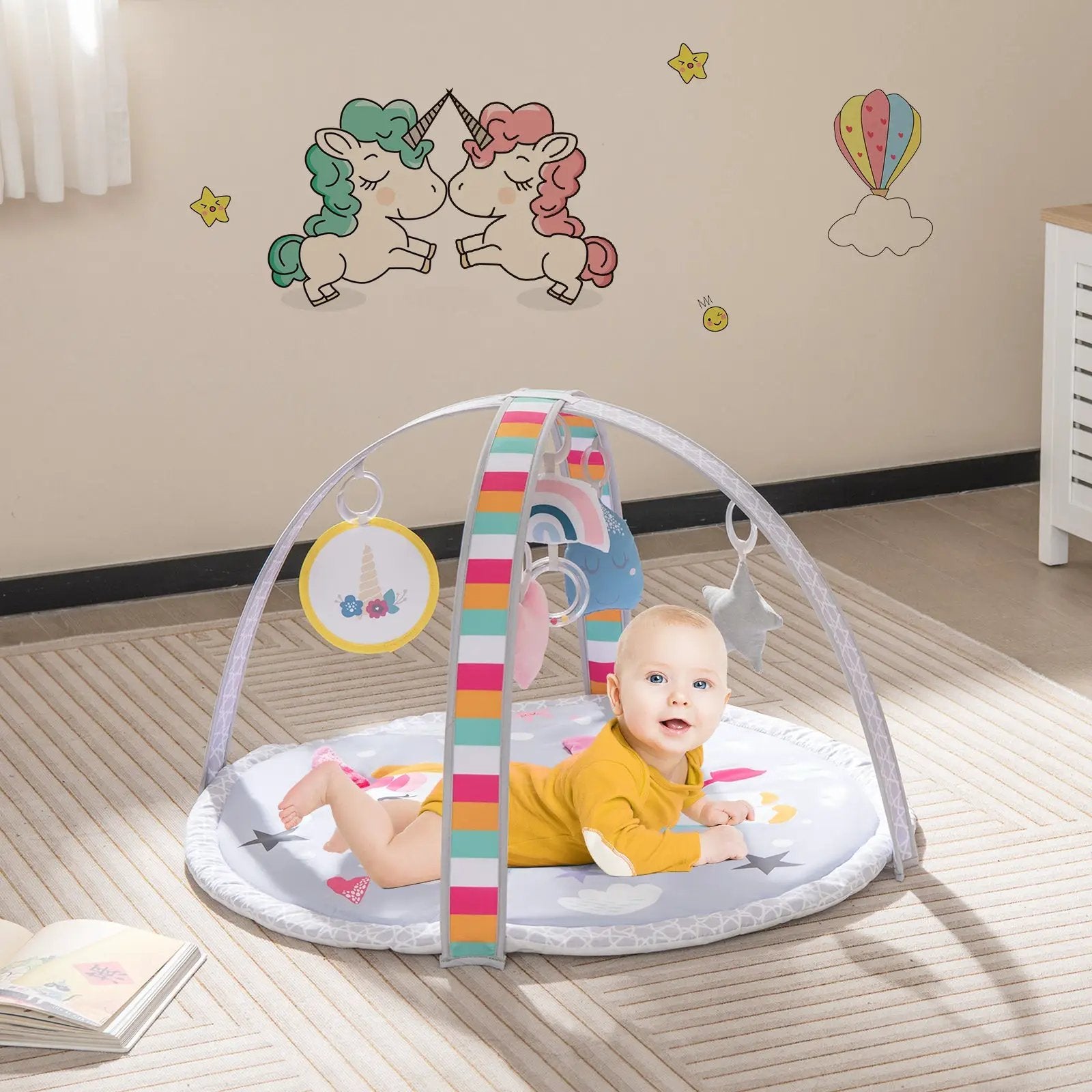 Baby Play Gym Mat 7-in-1 Tummy Time Activity Mat with 5 Detachable Toys-Multicolor by DirectDeals