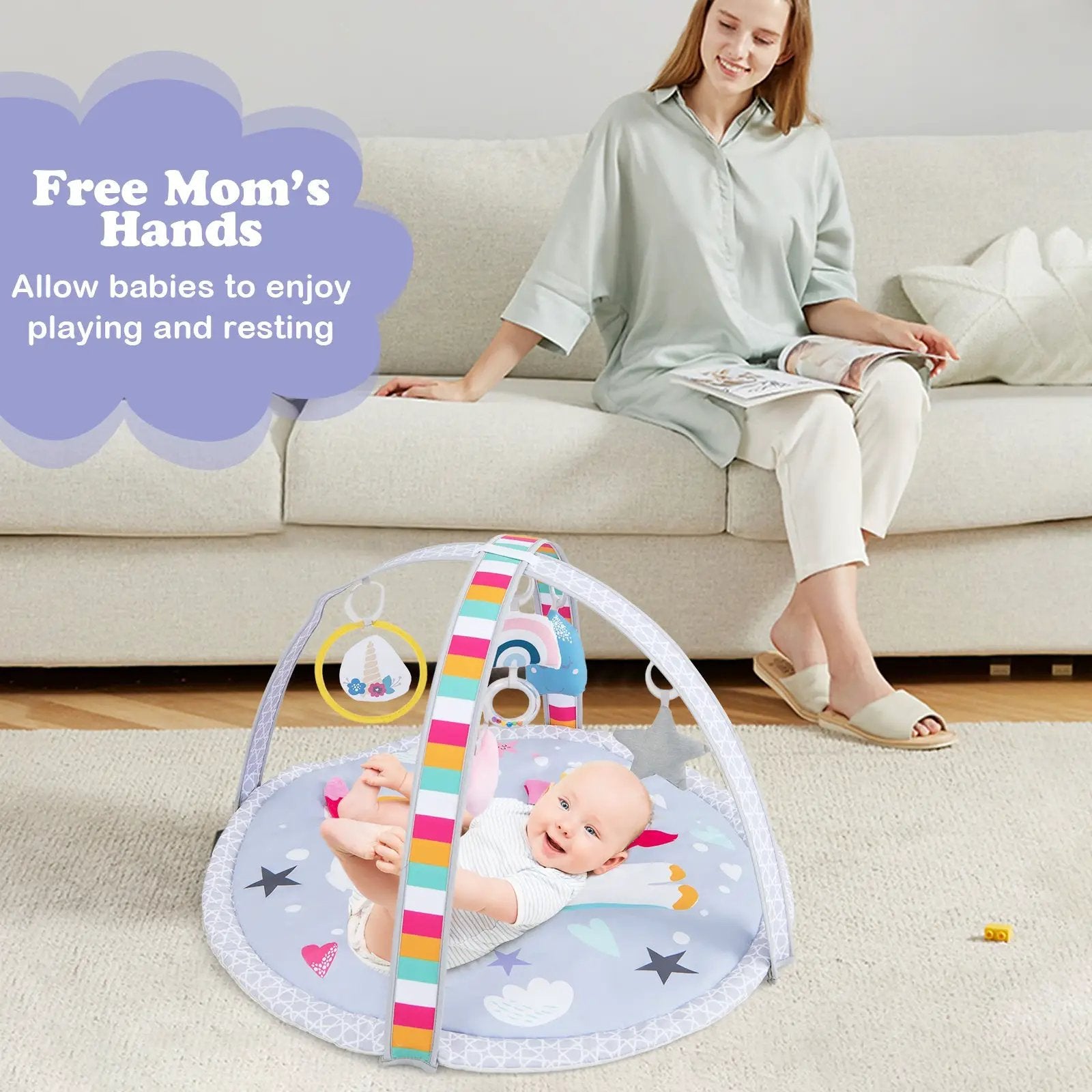 Baby Play Gym Mat 7-in-1 Tummy Time Activity Mat with 5 Detachable Toys-Multicolor by DirectDeals