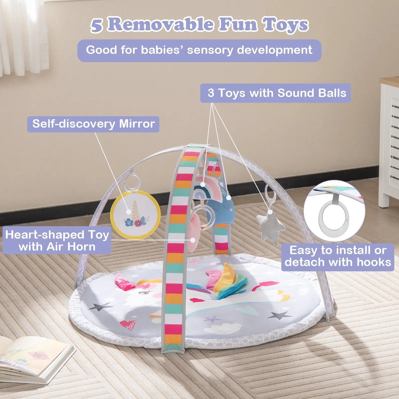 Baby Play Gym Mat 7-in-1 Tummy Time Activity Mat with 5 Detachable Toys-Multicolor by DirectDeals