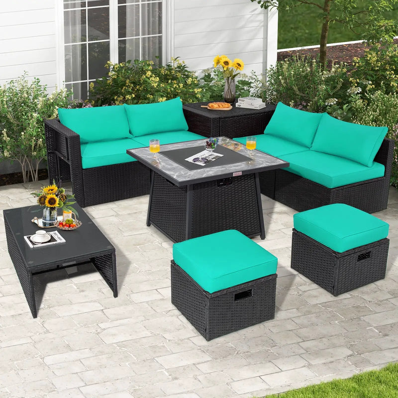 9 Pieces Outdoor Wicker Sectional with 35 Inch Gas Fire Pit Table by DirectDeals