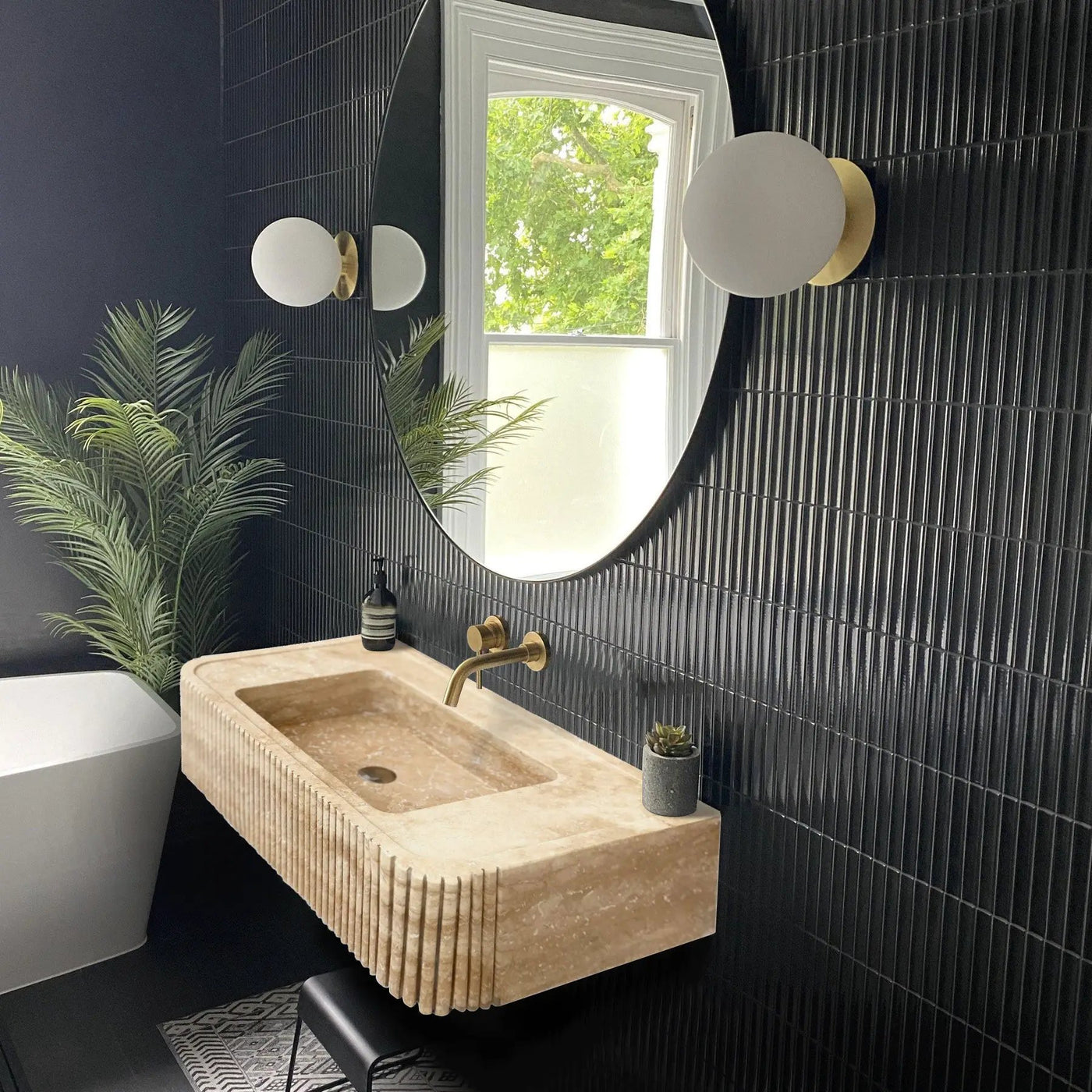 Tuscany Walnut Travertine Wall-mount Vanity Sink Ribbed Textured by GobekDesign
