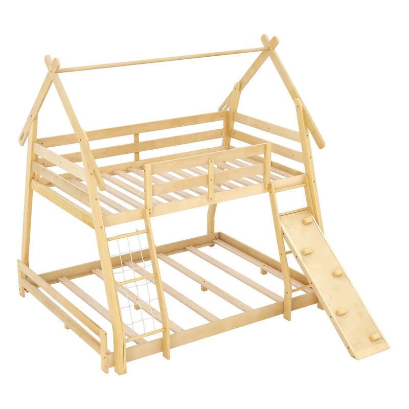 Twin Over Queen Bunk Bed Wooden Kids Bed with Climbing Nets and Ramp by DirectDeals