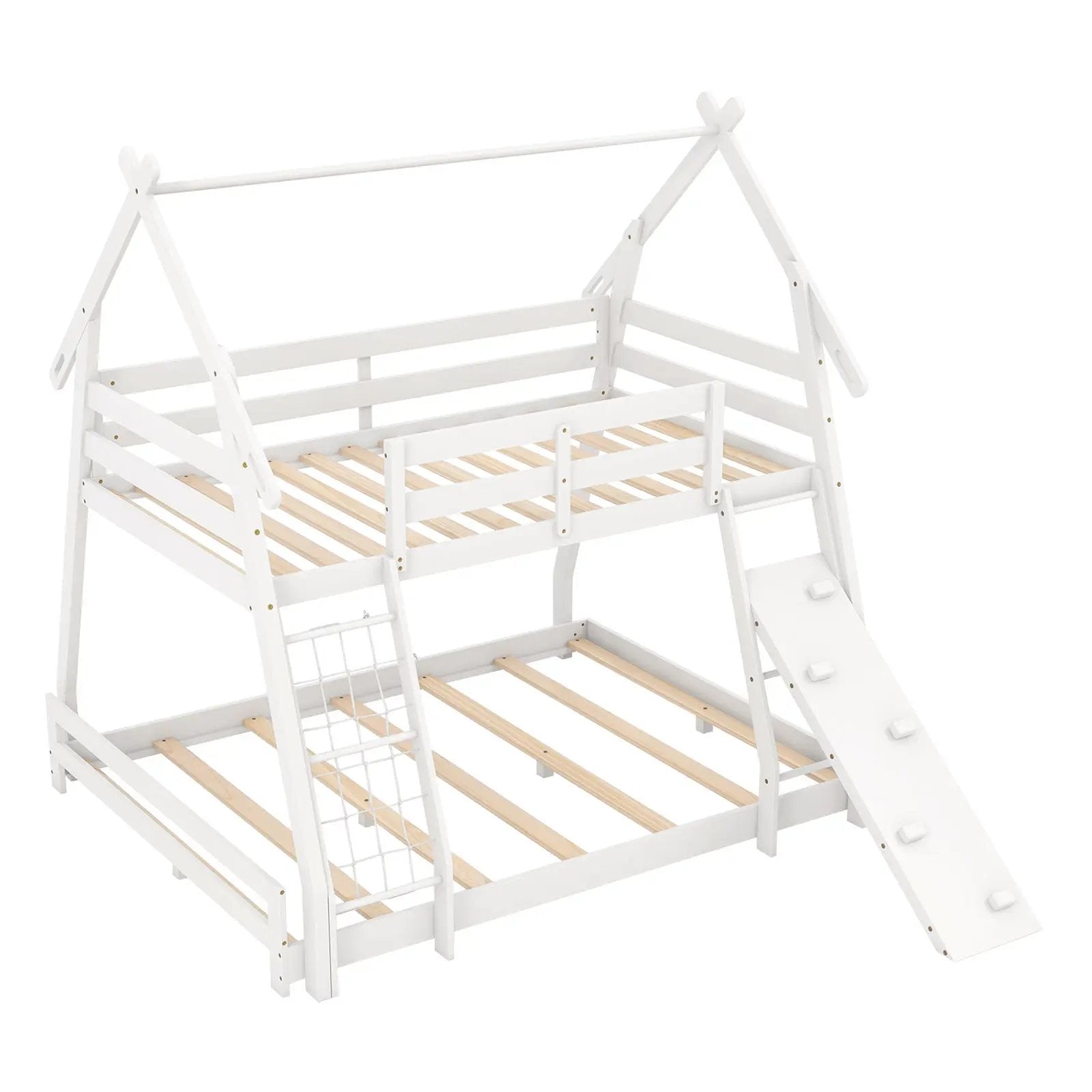 Twin Over Queen Bunk Bed Wooden Kids Bed with Climbing Nets and Ramp by DirectDeals