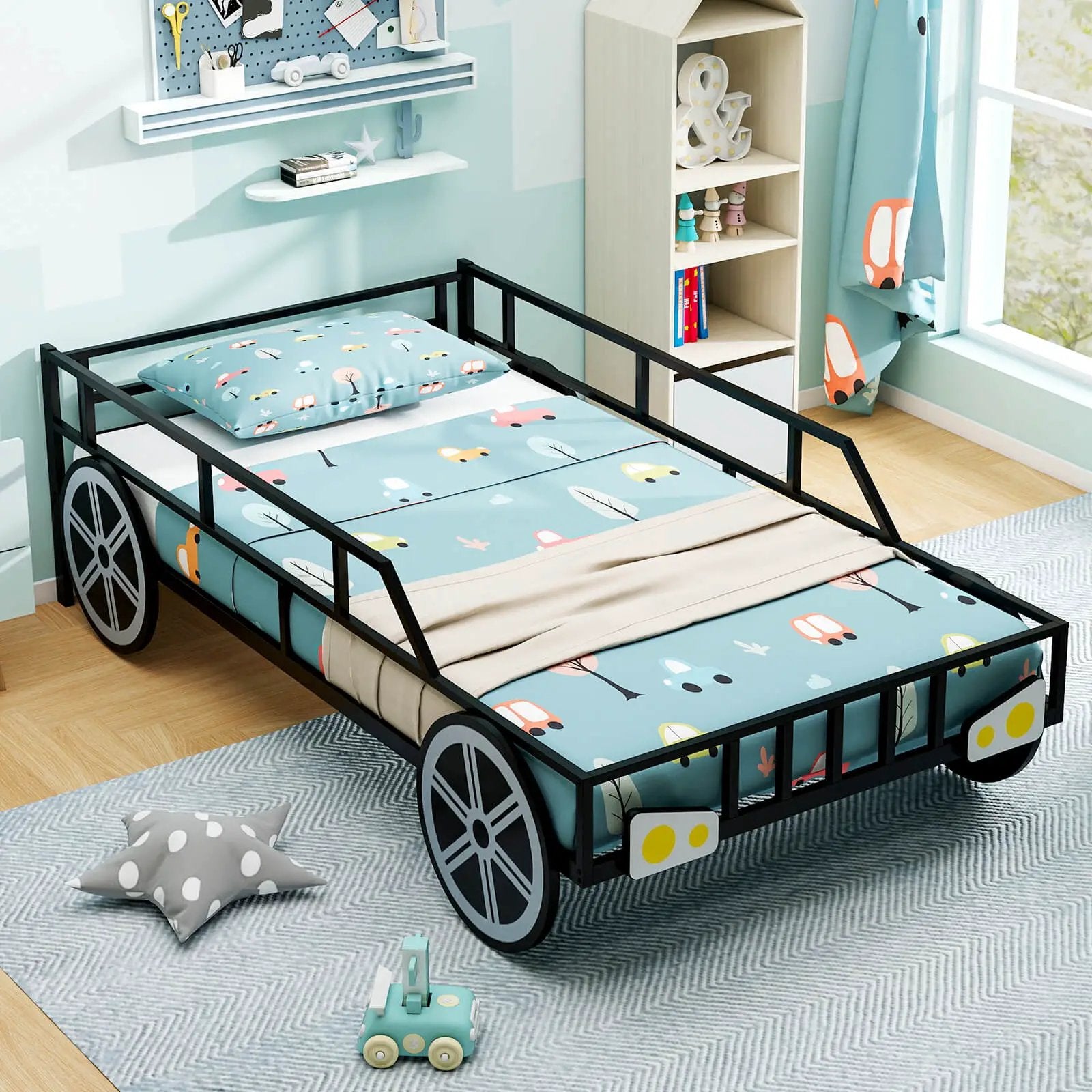 Twin-Size Kids Metal Bed Frame Car-Shaped with Safety Guardrails-Twin Size by DirectDeals