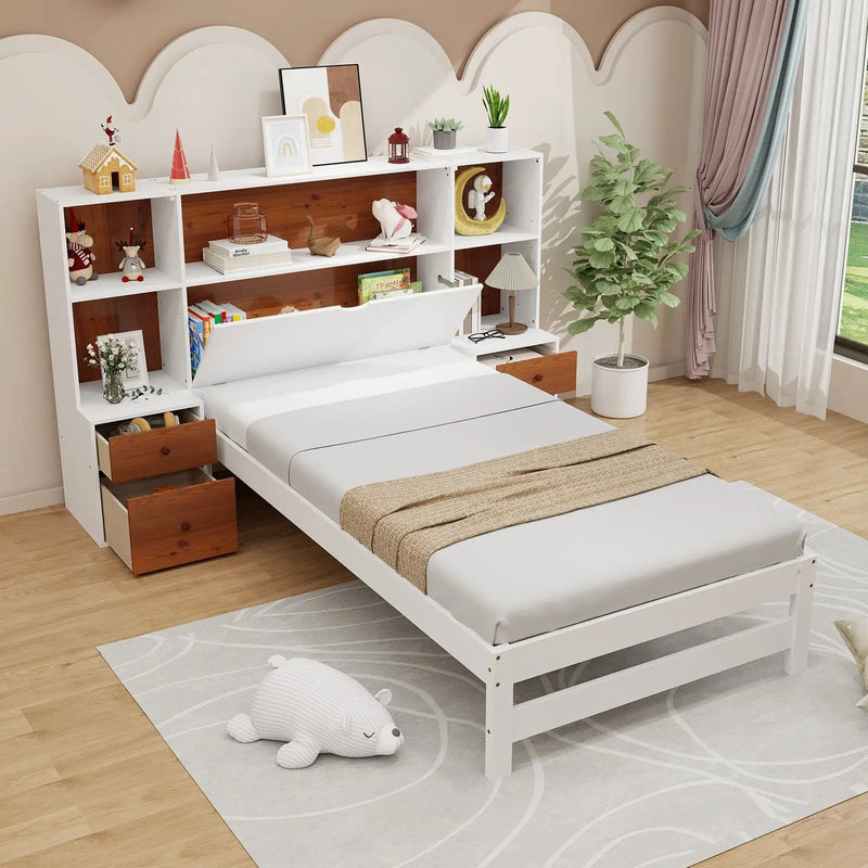 Bed Frame with Storage Headboard and Nightstands-Twin Size by DirectDeals