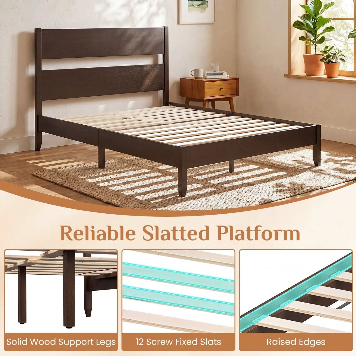 Full Bed Frame with Headboard and Solid Wood Legs by DirectDeals