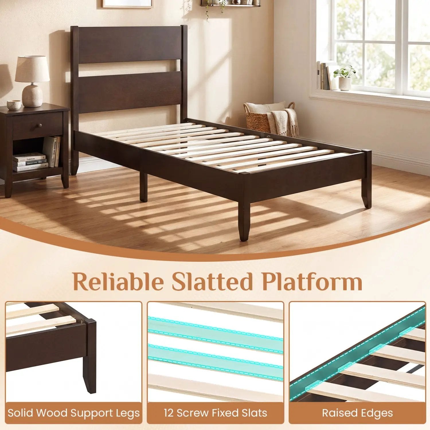 Twin Bed Frame with Headboard and Solid Wood Legs by DirectDeals