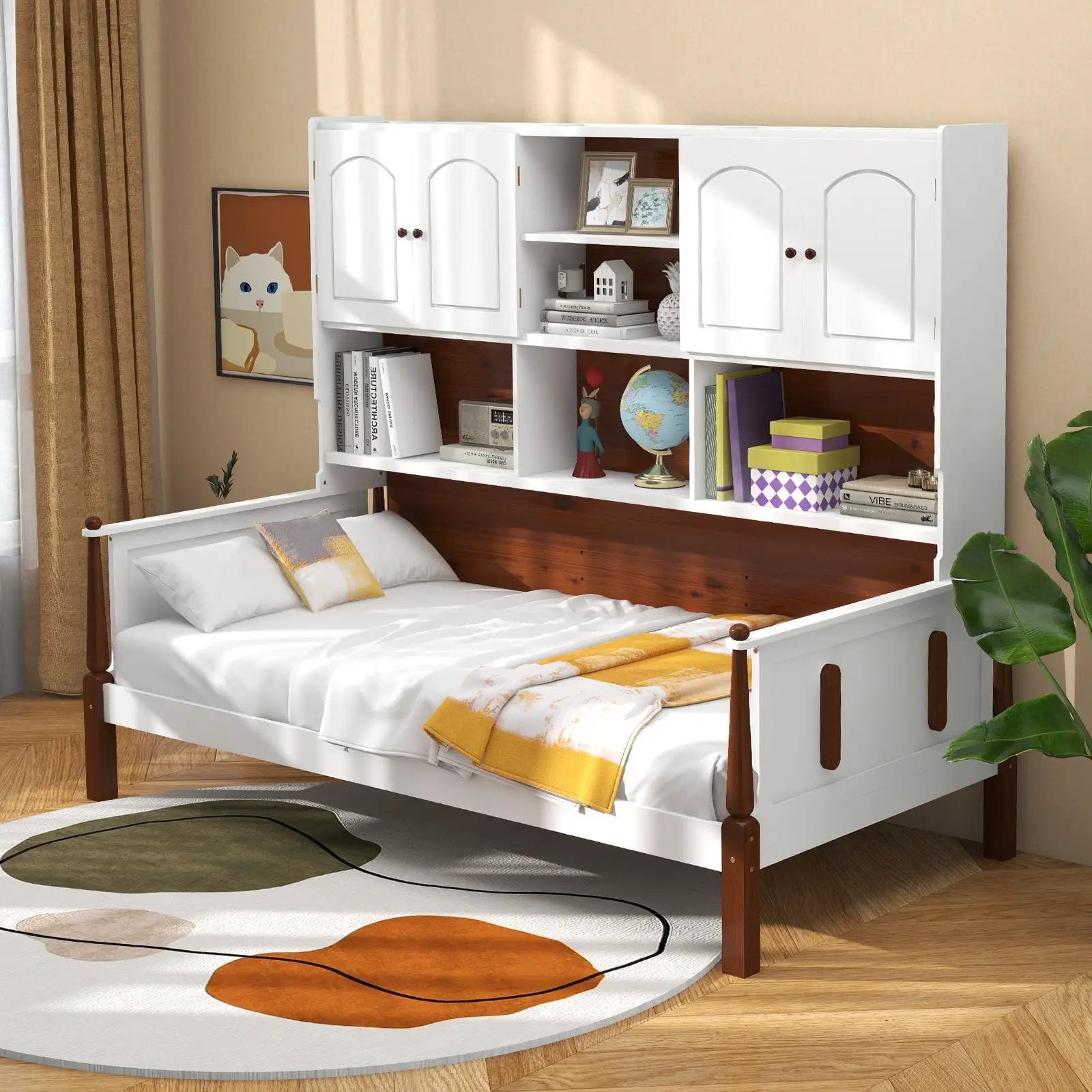 Twin Bed with Bookcase with Shelves and Wooden Slat Support No Box Spring Needed for Living Room Bedroom-White by DirectDeals