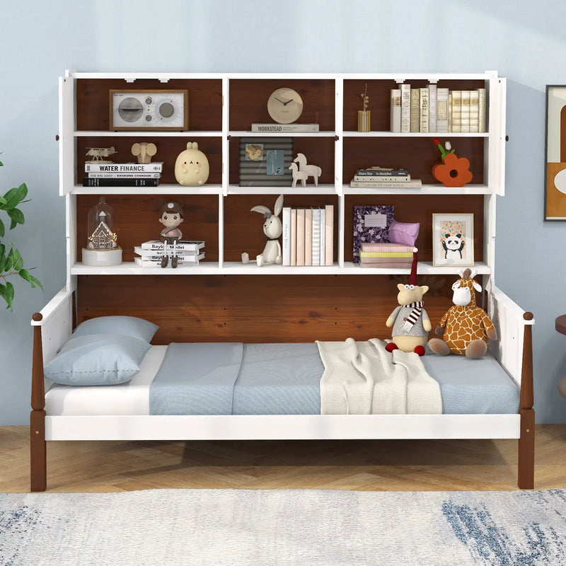 Twin Bed with Bookcase with Shelves and Wooden Slat Support No Box Spring Needed for Living Room Bedroom-White by DirectDeals