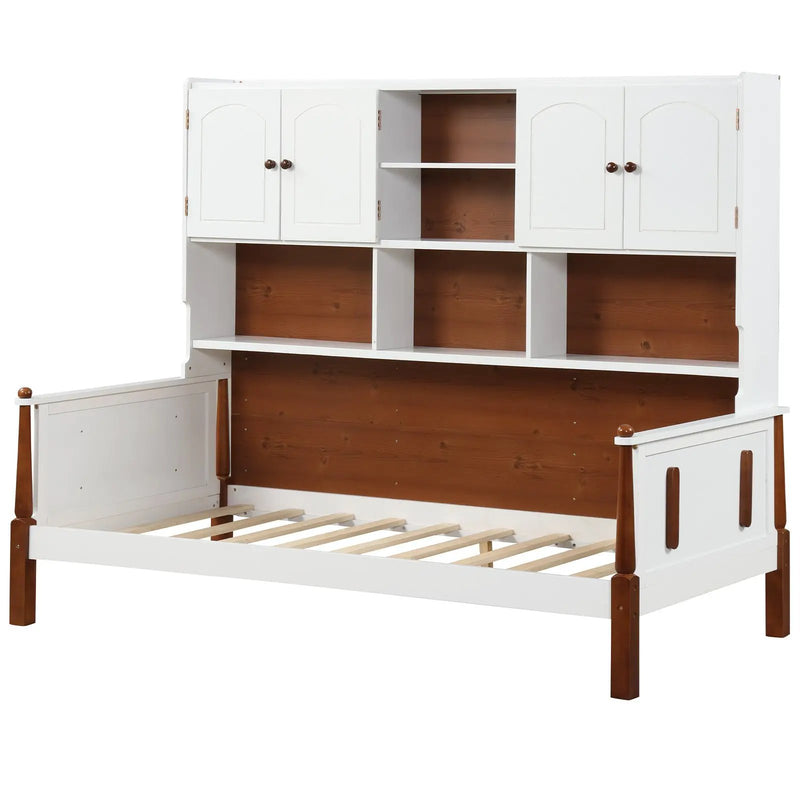 Twin Bed with Bookcase with Shelves and Wooden Slat Support No Box Spring Needed for Living Room Bedroom-White by DirectDeals