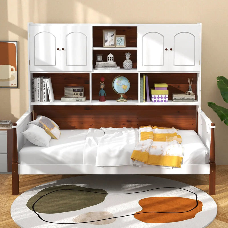 Twin Bed with Bookcase with Shelves and Wooden Slat Support No Box Spring Needed for Living Room Bedroom-White by DirectDeals