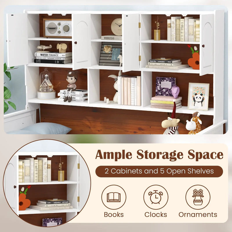 Twin Bed with Bookcase with Shelves and Wooden Slat Support No Box Spring Needed for Living Room Bedroom-White by DirectDeals
