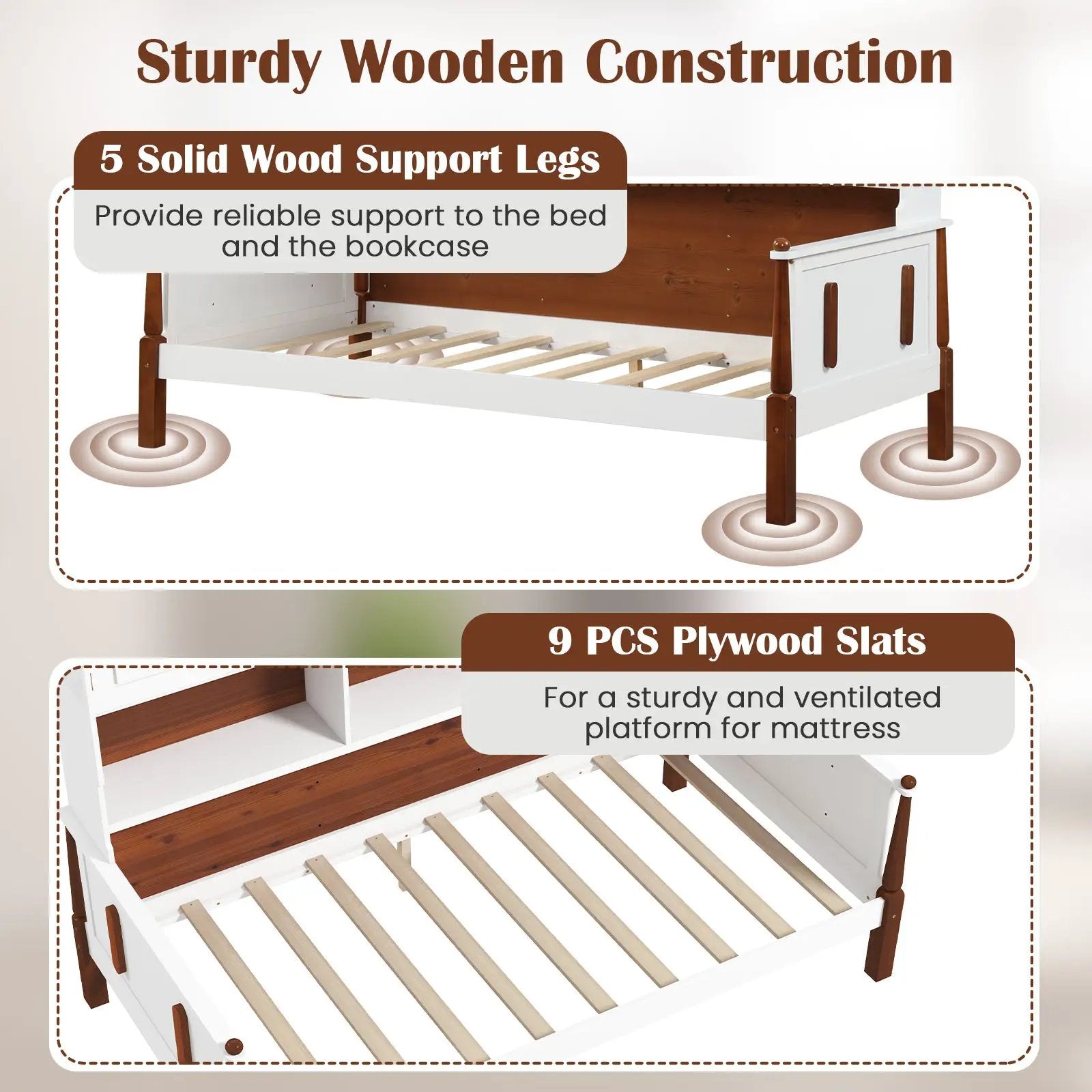 Twin Bed with Bookcase with Shelves and Wooden Slat Support No Box Spring Needed for Living Room Bedroom-White by DirectDeals